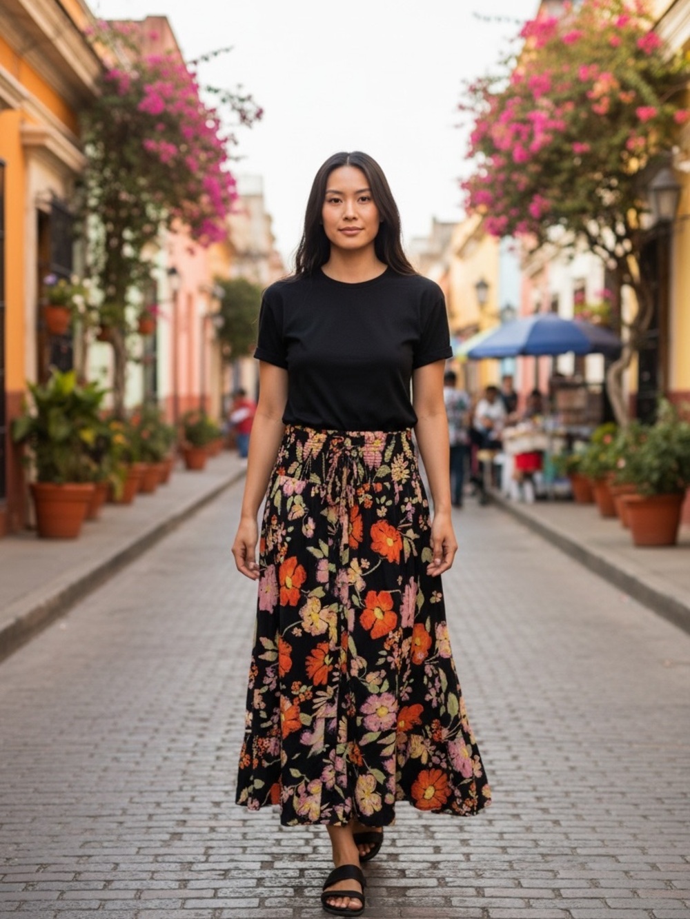Rachel Zoe Black Maxi Skirt with Orange & Pink Floral Print